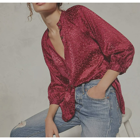 Anthropologie Burnout Velvet Button Front Blouse Top Size Medium Plum 3/4 Sleeve - Picture 1 of 12